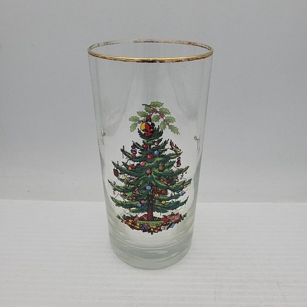 Spode Christmas Tree Gold Rim Highball Glass 14oz Made in UK Holiday Barware